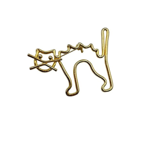 Vintage Spooky Cat Pin Brooch Gold Tone Outline Animal Figural Costume Jewelry - Picture 1 of 5